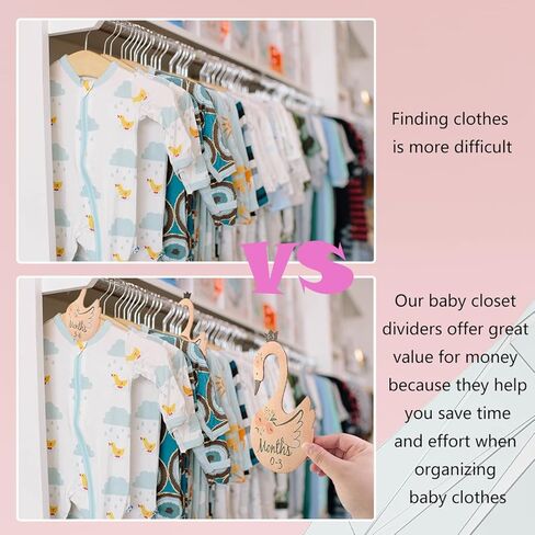 Quaocens 7 PCS Baby Closet Dividers, Swan-Shaped and Flower Pattern Wooden Baby Clothes Dividers for Closet, Marked Newborn To 24 Months Of Different Ages, Can Be Used To Organize The Baby Closet. in Kuwait