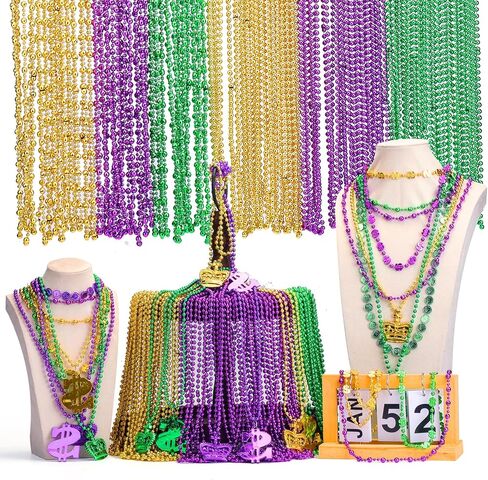 Becfupo 150 قطعة من قلادات ماردي غرا المعدنية المطرزة بكميات كبيرة، قلادات ماردي غرا من الذهب الأخضر الأرجواني بأشكال متعددة لمهرجان ماردي غرا، والعرض، والحفلات التنكرية، والكرنفال in Kuwait