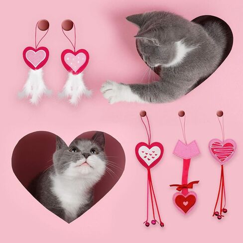 Valentine's Day Cat Toys 5 Pack Cat Feather Toys Door Hanging Cats Teaser Toys Catnip Filled Feline Kitten Chasing Toys with Bells for Indoor Cats Kittens in Kuwait