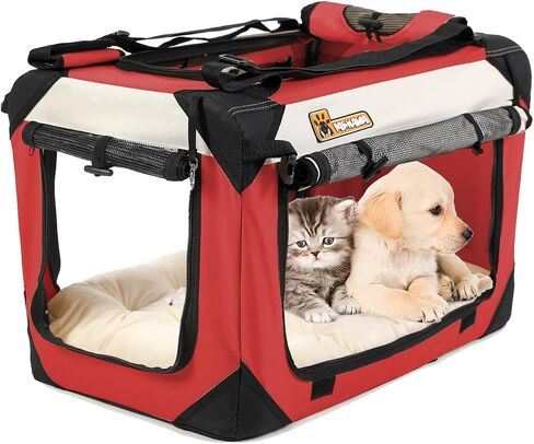 PAWMANIA Large Cat Carrier Soft Small Dog Crate Collapsible Pet Carrier Portable Dog Kennel Indoor/Outside/Travel/Car,with Plush Pet Bed,Red 24×16×16in in Saudi Arabia