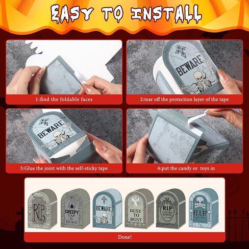 PerKoop 24 Pcs Halloween Tombstone Bags Trick Or Treat Candy Goody Boxes Halloween Paper Gift Box Tombstone Treat Bags for Kids Party Favors Snacks Cookies Party Supplies Halloween Decorations in Saudi Arabia