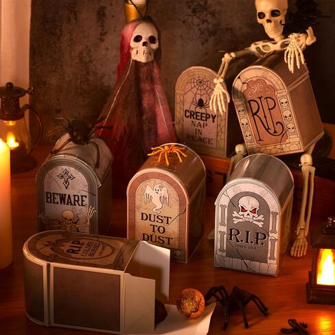 PerKoop 24 Pcs Halloween Tombstone Bags Trick Or Treat Candy Goody Boxes Halloween Paper Gift Box Tombstone Treat Bags for Kids Party Favors Snacks Cookies Party Supplies Halloween Decorations in Saudi Arabia