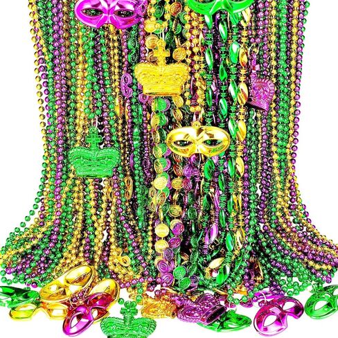 Riceshoot 90 Pcs Mardi Gras Bead Necklaces Set Costume Necklace Purple Green Gold Beaded Necklaces Assorted Round Coin Crown Mask Ship's Anchor Buttonhole Pattern Mardi Gras Party Supplies in Saudi Arabia