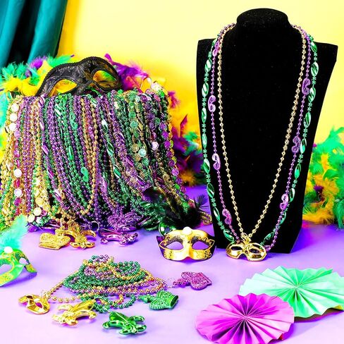 Riceshoot 90 Pcs Mardi Gras Bead Necklaces Set Costume Necklace Purple Green Gold Beaded Necklaces Assorted Round Coin Crown Mask Ship's Anchor Buttonhole Pattern Mardi Gras Party Supplies in Saudi Arabia