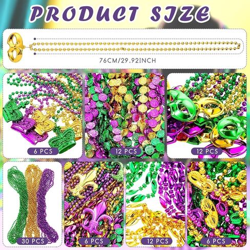 Riceshoot 90 Pcs Mardi Gras Bead Necklaces Set Costume Necklace Purple Green Gold Beaded Necklaces Assorted Round Coin Crown Mask Ship's Anchor Buttonhole Pattern Mardi Gras Party Supplies in Saudi Arabia