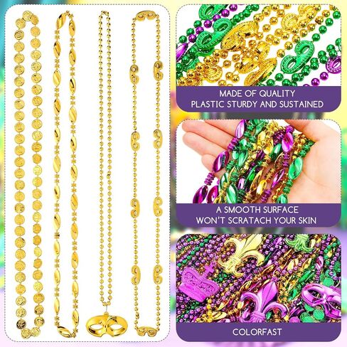 Riceshoot 90 Pcs Mardi Gras Bead Necklaces Set Costume Necklace Purple Green Gold Beaded Necklaces Assorted Round Coin Crown Mask Ship's Anchor Buttonhole Pattern Mardi Gras Party Supplies in Saudi Arabia