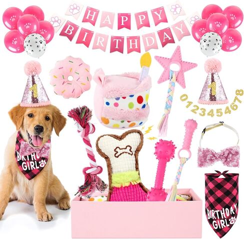 23 Pcs Dog Birthday Party Supplies Set Birthday Toys Cake Teething Squeak Interactive Decorations with Box for Puppy Small Medium Dog(Blue) in Saudi Arabia