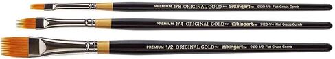 KINGART B-031 Premium 3 pc. Original Gold 9120 Series RAKE Comb Artist Brush Set, Synthetic Golden Taklon Hair for Acrylic, Oil, Watercolor and Gouache Paint, Short Handle, 3 Sizes: 1/8", 1/4", 1/2" in Saudi Arabia