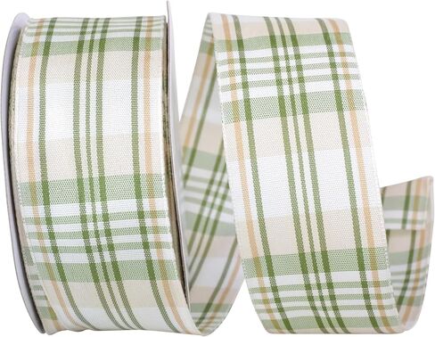 Reliant Ribbon 93825W-577-09H Pin Stripe Taffeta Plaid Woven Wired Edge Ribbon, 1-1/2 Inch X 20 Yards, Sage in Saudi Arabia