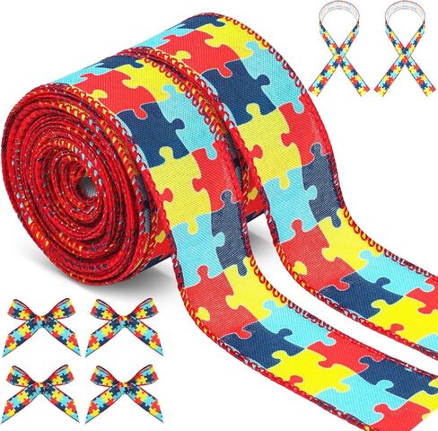 Yunlly 2 لفات 10Yd شريط للتوعية بالتوحد، قطعة لغز التوحد، شريط Grosgrain، حافة سلكية، حرفة منشار لترتيب الزهور، تغليف الهدايا، أحداث دعم مجموعات جمع التبرعات (عرض 2.5 بوصة) in Saudi Arabia