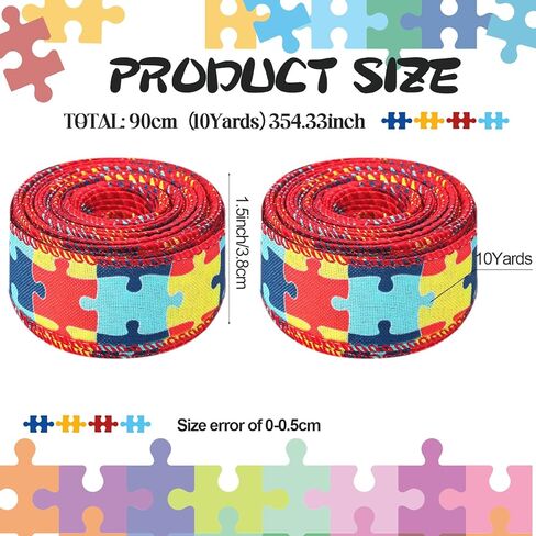 Yunlly 2 لفات 10Yd شريط للتوعية بالتوحد، قطعة لغز التوحد، شريط Grosgrain، حافة سلكية، حرفة منشار لترتيب الزهور، تغليف الهدايا، أحداث دعم مجموعات جمع التبرعات (عرض 2.5 بوصة) in Saudi Arabia