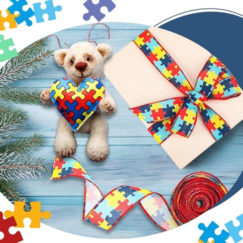 Yunlly 2 لفات 10Yd شريط للتوعية بالتوحد، قطعة لغز التوحد، شريط Grosgrain، حافة سلكية، حرفة منشار لترتيب الزهور، تغليف الهدايا، أحداث دعم مجموعات جمع التبرعات (عرض 2.5 بوصة) in Saudi Arabia