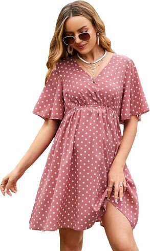 MakeMeChic Women's Maternity Summer Dress Polka Dots Flutter Short Sleeve V Neck A Line Dress in Saudi Arabia