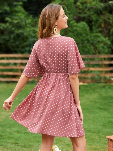 MakeMeChic Women's Maternity Summer Dress Polka Dots Flutter Short Sleeve V Neck A Line Dress in Saudi Arabia