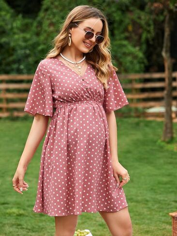 MakeMeChic Women's Maternity Summer Dress Polka Dots Flutter Short Sleeve V Neck A Line Dress in Saudi Arabia