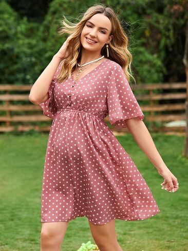 MakeMeChic Women's Maternity Summer Dress Polka Dots Flutter Short Sleeve V Neck A Line Dress in Saudi Arabia