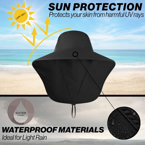 UPF 50+ Sun Protection Hat for Men and Women, Wide Brim Outdoor Beach Fishing Cap with Neck Flap, Breathable Mesh, Windproof in Saudi Arabia