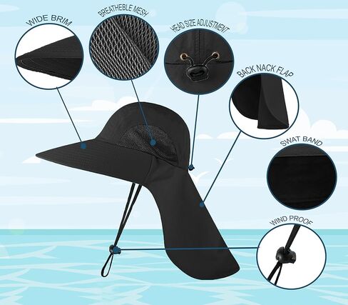 UPF 50+ Sun Protection Hat for Men and Women, Wide Brim Outdoor Beach Fishing Cap with Neck Flap, Breathable Mesh, Windproof in Saudi Arabia