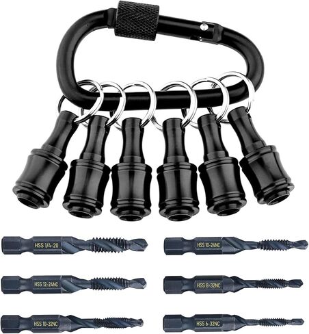 Valkynos 6Pcs 1/4 Bit Holder and 6Pcs Combination Drill & Taps Bit Set, Quick Release Bits Holder Keychain Cool Stuff for Men, 1/4 Hex Shank Socket Screwdriver Drill Bits Organizer, Black in Saudi Arabia