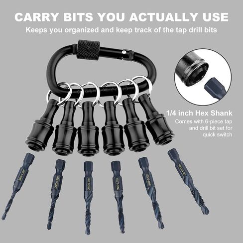 Valkynos 6Pcs 1/4 Bit Holder and 6Pcs Combination Drill & Taps Bit Set, Quick Release Bits Holder Keychain Cool Stuff for Men, 1/4 Hex Shank Socket Screwdriver Drill Bits Organizer, Black in Saudi Arabia