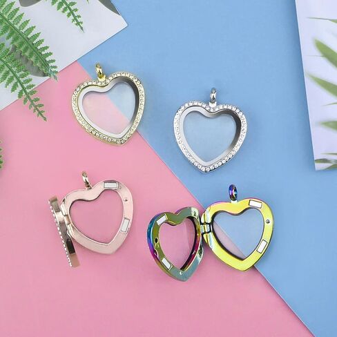 WANDIC Rhinestone Photo Charm, Rose Gold Heart Crystal Photo Pendant Bridal Wedding Bouquet Charms Living Floating Memory Locket for 2 Pictures in Kuwait