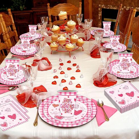 مستلزمات يوم جالنتين 2024، أدوات مائدة يوم جالنتين، أطباق مناديل، أكواب لتزيين حفلات عيد جالنتينا (20 ضيفًا) in Kuwait