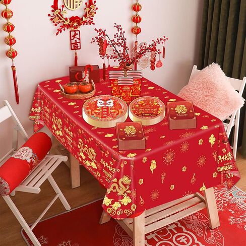 مستلزمات حفلات رأس السنة الصينية لعام 2024، أدوات مائدة لمهرجان الربيع، عام التنين، مفرش المائدة، أطباق المناديل، أكواب لتزيين حفلات رأس السنة الصينية (20 ضيفًا) in Kuwait