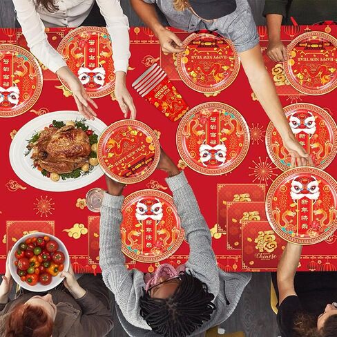 مستلزمات حفلات رأس السنة الصينية لعام 2024، أدوات مائدة لمهرجان الربيع، عام التنين، مفرش المائدة، أطباق المناديل، أكواب لتزيين حفلات رأس السنة الصينية (20 ضيفًا) in Kuwait