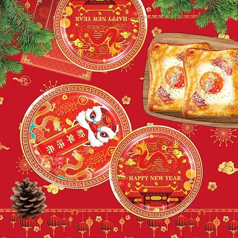 مستلزمات حفلات رأس السنة الصينية لعام 2024، أدوات مائدة لمهرجان الربيع، عام التنين، مفرش المائدة، أطباق المناديل، أكواب لتزيين حفلات رأس السنة الصينية (20 ضيفًا) in Kuwait