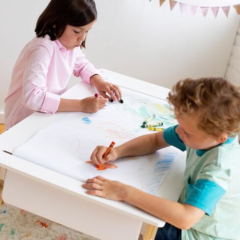مجموعة طاولة Wildkin Kids للفنون والحرف اليدوية للأولاد والبنات، طاولة ذات تصميم عصري لمنتصف القرن تتضمن مقعدين ومكعبات من الورق والتخزين بالأسفل تساعد على الحفاظ على تنظيم اللوازم الفنية (أبيض) in Kuwait