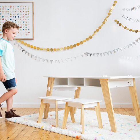 مجموعة طاولة Wildkin Kids للفنون والحرف اليدوية للأولاد والبنات، طاولة ذات تصميم عصري لمنتصف القرن تتضمن مقعدين ومكعبات من الورق والتخزين بالأسفل تساعد على الحفاظ على تنظيم اللوازم الفنية (أبيض) in Kuwait