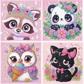 mjcakrn 4 Pieces Cartoon Diamond Art Painting Kits Adults Beginner, Animal Diamond Art Mosaic Kits, Easy Full Round Drill Gem Art Kit with Beautiful Package for Home Wall Decor(6x6inch)