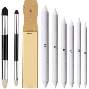 Haojiaho Blending Stump, 9pcs Blending Stumps, Blending Sponge Pens and Sandpaper Pencil Sharpener, Washable & Reusable, Tortillions Paper Art Blenders for Student Artist Charcoal Sketch Drawing