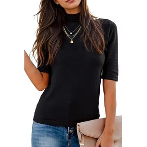 Women's Short Sleeve Sweaters Dressy Casual Mock Turtleneck Shirt Highly Stretchy Ribbed Knit Fitted Top Blouse