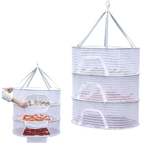 Herb Drying Rack 3 Layer Hanging Mesh Net, Foldable Herb Dryer Hanging Rack with Zipper, for Buds, Fruits, Hydroponics Flowers, Vegetables, Fish, Clothes, Doll(White)