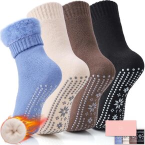 ICEIVY Thermal Slipper Socks, Thick Grip Hospital Socks Plush Slipper Grip Socks Women Winter Soft Warm Cozy Socks 4 Pairs