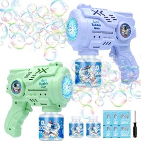 TRILVIX 2-Pack LED 16 Holes Bubble Gun Bubble Machine مع 2 إعادة الملء ألعاب فقاعات الرياح المقاومة للتسرب للأطفال الذين تتراوح أعمارهم بين 3 سنوات فما فوق في الهواء الطلق ألعاب الأطفال حفلة لصالح الصيف في الحديقة حمام سباحة هدية عيد ميلاد الزفاف