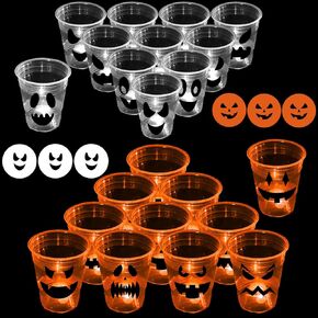 22 Pcs Halloween Glow Pumpkin Party Game Set,16 oz Light Up Pong Cups for Halloween Ghost Theme Party With 6 Halloween Theme Balls, Halloween House Parties Holidays Game(Orange&White)
