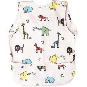 Long Sleeve Baby Bib for Boys and Girls w/Food Catcher Pocket - Waterproof, Wipe Clean, Machine Wash, Fast Drying Feeding Smock - Recycled Polyester - Animal Print Suitable for Babies to Toddlers