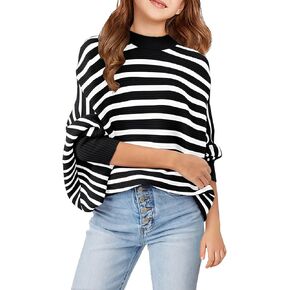 Haloumoning Girls Oversized Striped Sweater Kids Fashion Batwing Sleeve Ribbed Knit Pullover Tops 5-14 Years