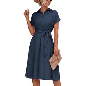 LYANER Women's Collar V Neck Button Front Tie Waist Short Sleeve Ruffle Hem Midi Dress