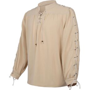 Spooktacular Creations Men Halloween Renaissance Shirt, Beige Gothic Pirate Shirt, Victorian Medieval Costume for Cosplay