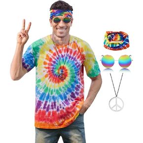 Mainfini Hippie Costume for Men Cotton Tie Dye Shirt Accessories 60s 70s Outfits (S-XXL)