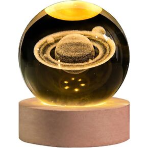 3D Saturn Crystal Ball Night Light with LED Stand, Saturn Planet Sphere Space Lamp, Decorative Glass Balls, Saturn Globe Paperweight Gifts for Women Kids(60mm)