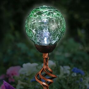 Exhart Garden Solar Lights, Decorative LED Crackle Glass Ball Garden Stake, Glass and Metal Outdoor Decoration, 4 x 31 Inch, Sea Green