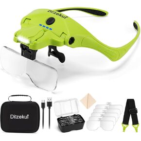 1X to 3.5X Magnifying Glasses with Light, Rechargeable Magnifying Glass with Carry Case, Detachable 5 Lenses, Headband Magnifier Magnifying Headset for Close Work Jewelry Crafts Hobby