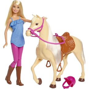 Barbie Playet with Blonde Fashion Doll in Riding Outfit & Light Brown Horse with Saddle, Bridle & Reins