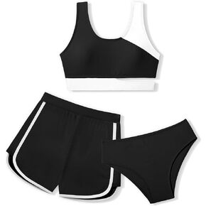 NECIOUS Girls Swimsuit Bikini Set, 3 Piece Girl Bathing Suits Color Block Cutout Swimwear with Shorts Size 7-16