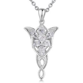 JiayangJY 18K White Gold Plated Arwen Evenstar Necklace, Lord of The Ring Hobbit Pendant Necklace with 5A Cubic Zirconia Elvish Jewelry