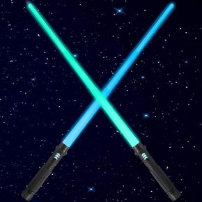 JOYIN Extendable 2-in-1 LED Sword Black Handle, 2 Pcs, Light Up Swords with Motion Sensitive Sound, Halloween Costume, New Years Eve Party Supplies, Gifts, Galaxy War Fighters and Warriors